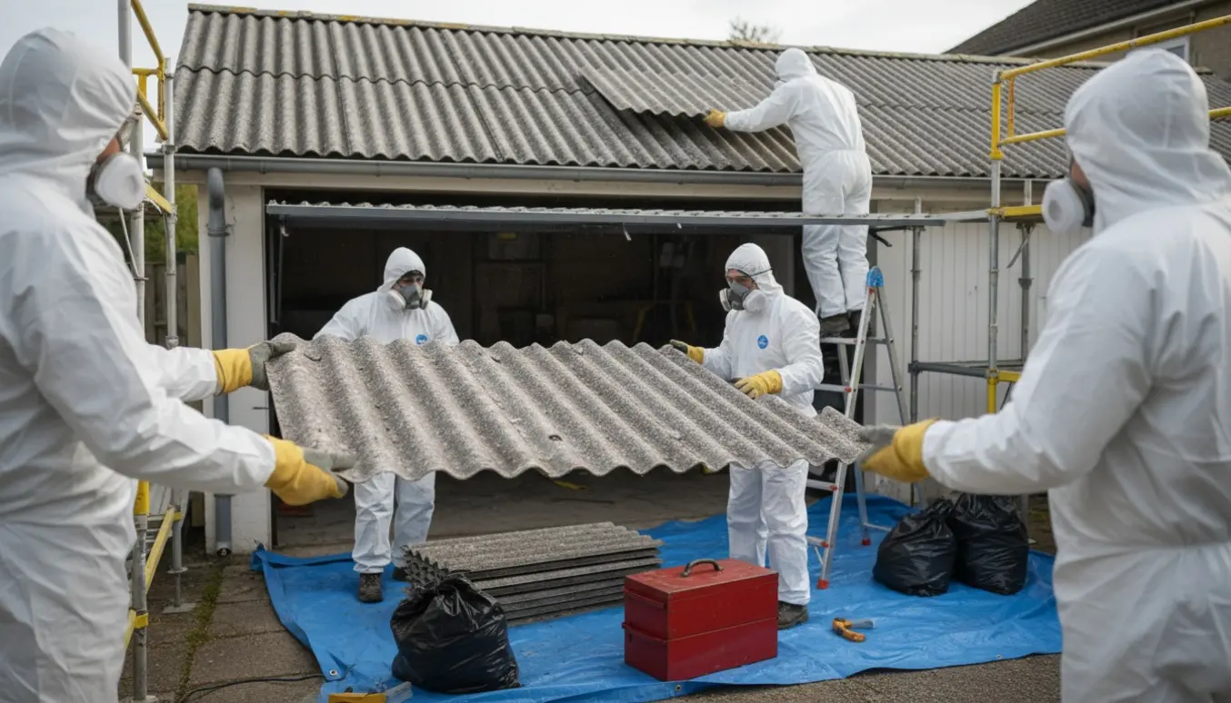 Arbejdere i beskyttelsesudstyr fjerner gamle fiber-cement tagplader fra en lav garage og lægger dem på en plastikdug.