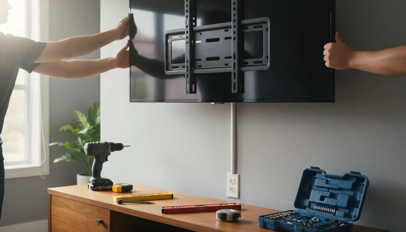 Hænger et 65-tommer TV på væggen med beslag og værktøj.