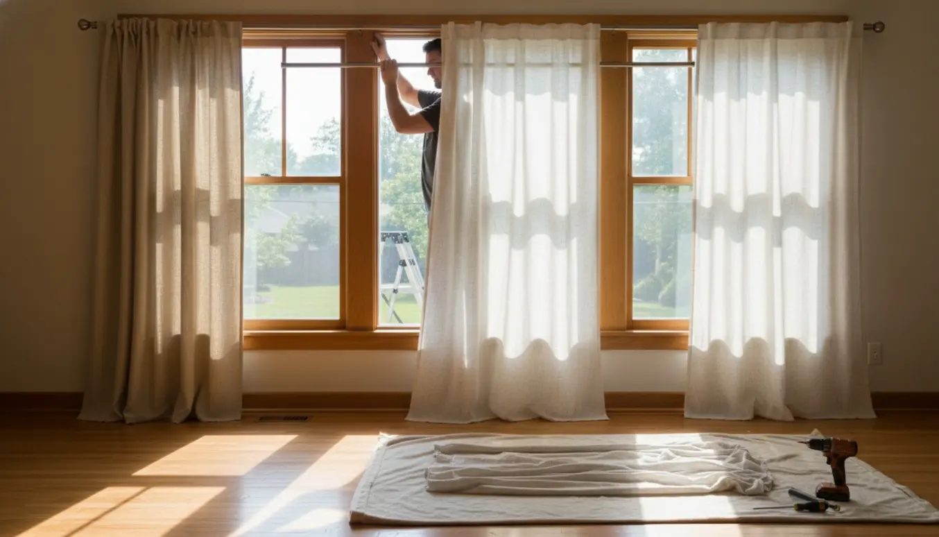 Hænder monterer tre gardiner på intakte ophæng ved en række vinduer, mens et sæt gardiner ligger klar på gulvet.