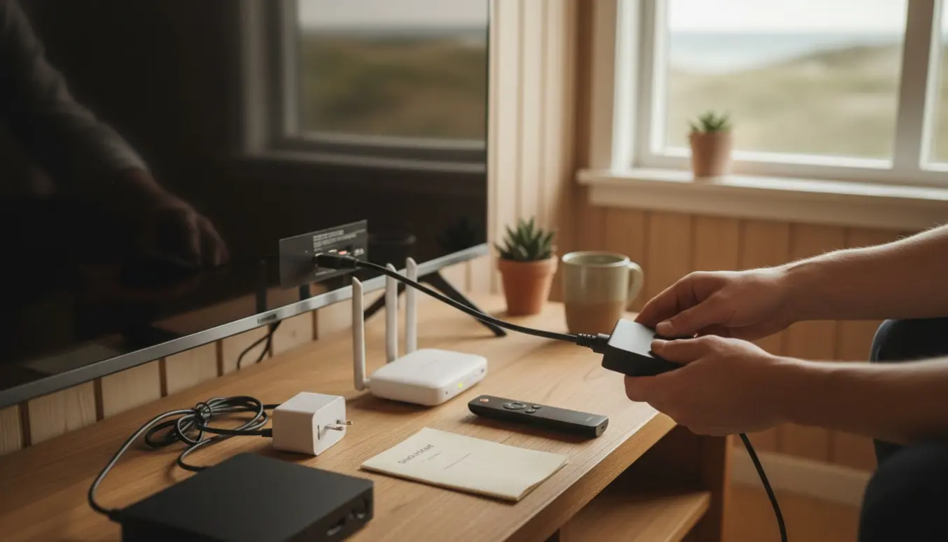 Hænder tilslutter et lille set-top-boks til et fladskærms-tv i et solbeskinnet sommerhus.