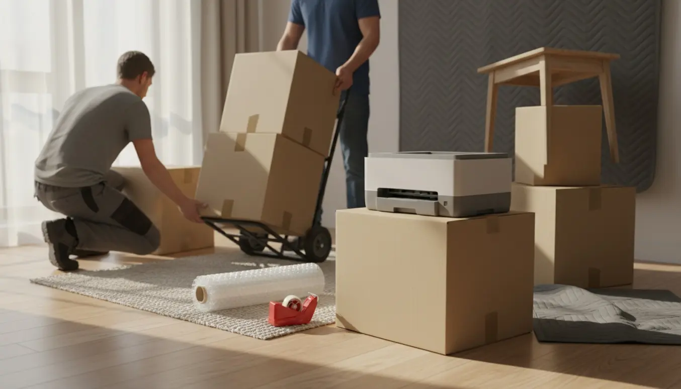 Flyttemænd bærer syv flyttekasser, et lille bord og en printer ind i en lys lejlighed.