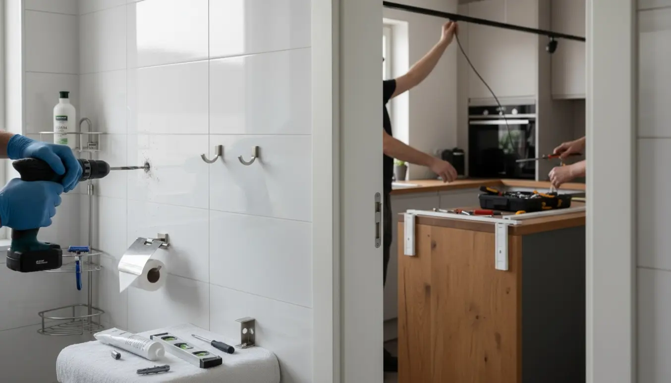 Montage af badeværelsesbeslag på fliser med bor og montering i beton, mens strøm til en køkkenskinne føres i kabelskjuler.