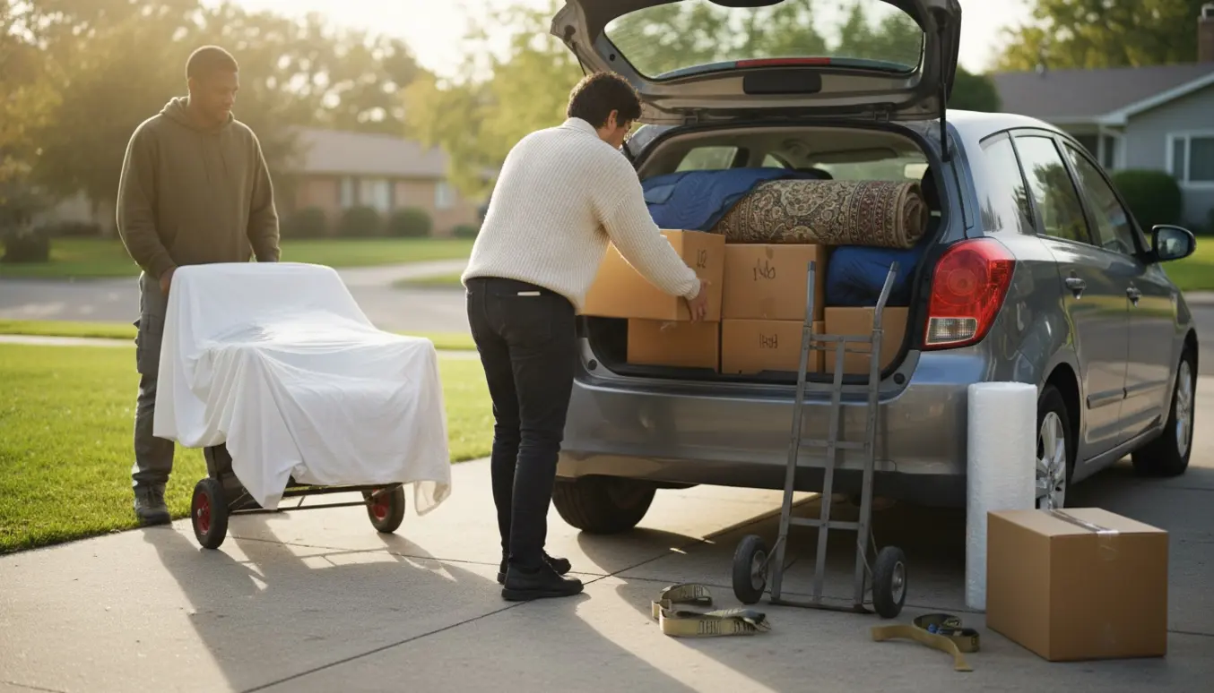 Åben bils bagagerum fyldt med flyttekasser og flytteudstyr, personer læsser kasser ind.