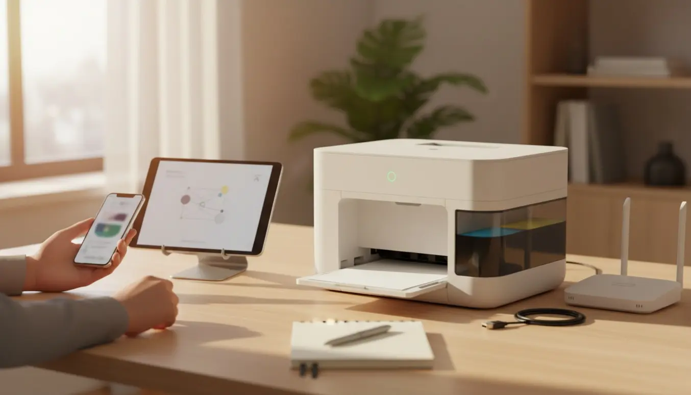 Smartphone og tablet ved siden af en moderne ink‑tank‑printer på et lyst bord under trådløs opsætning.