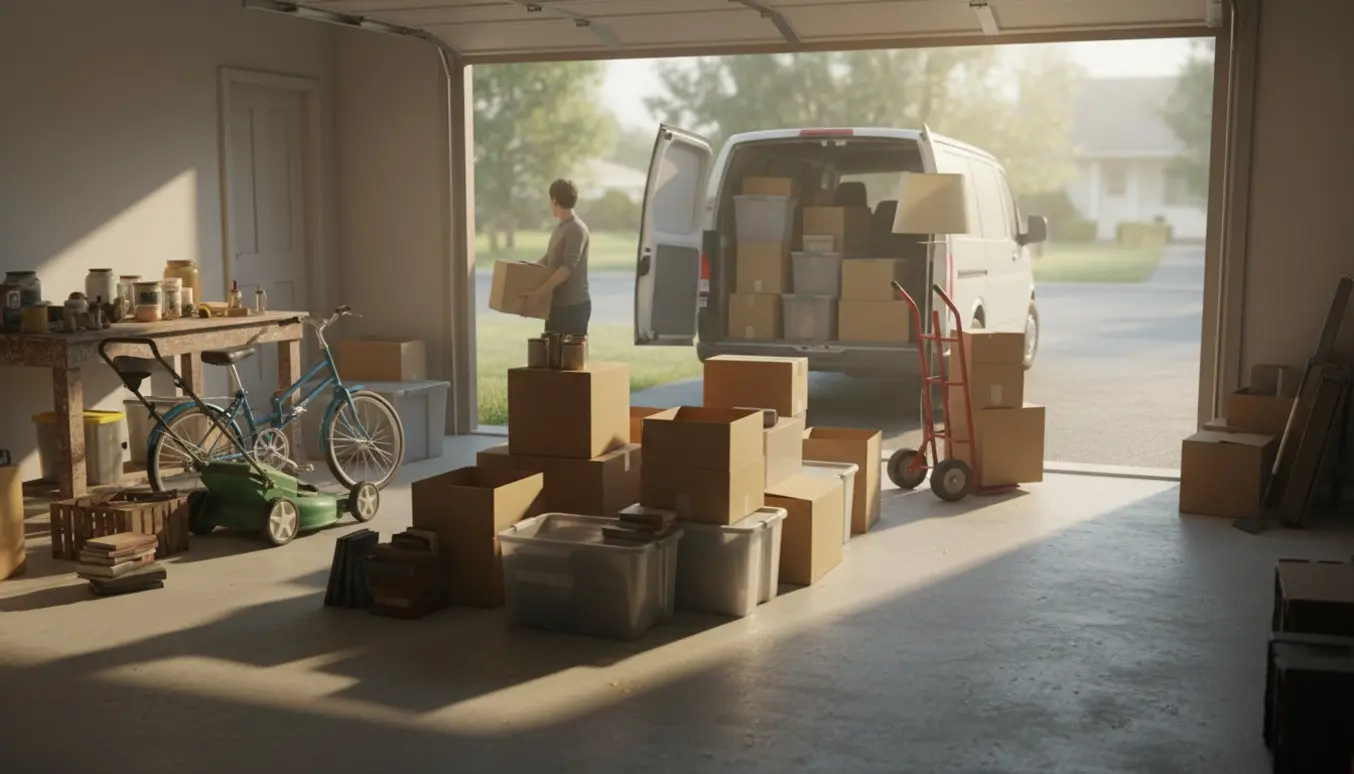 Garageoprydning med papkasser og genbrugsgenstande læsset i en åben varevogn på en solrig morgen.