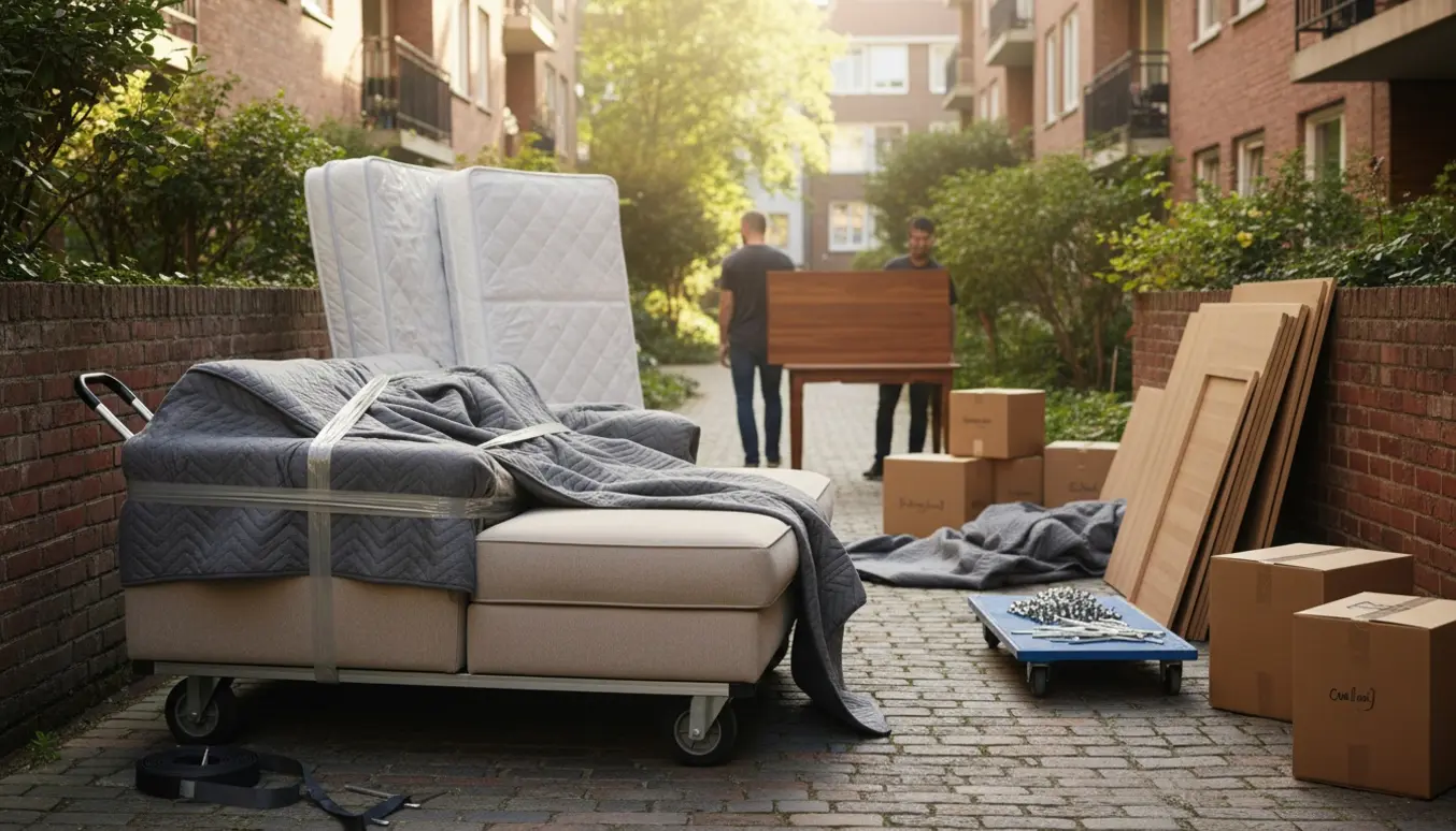 Flyttefolk håndterer en modulsofa, to dobbelmadrasser og et adskilt skab på en kort gåtur mellem to lejligheder.