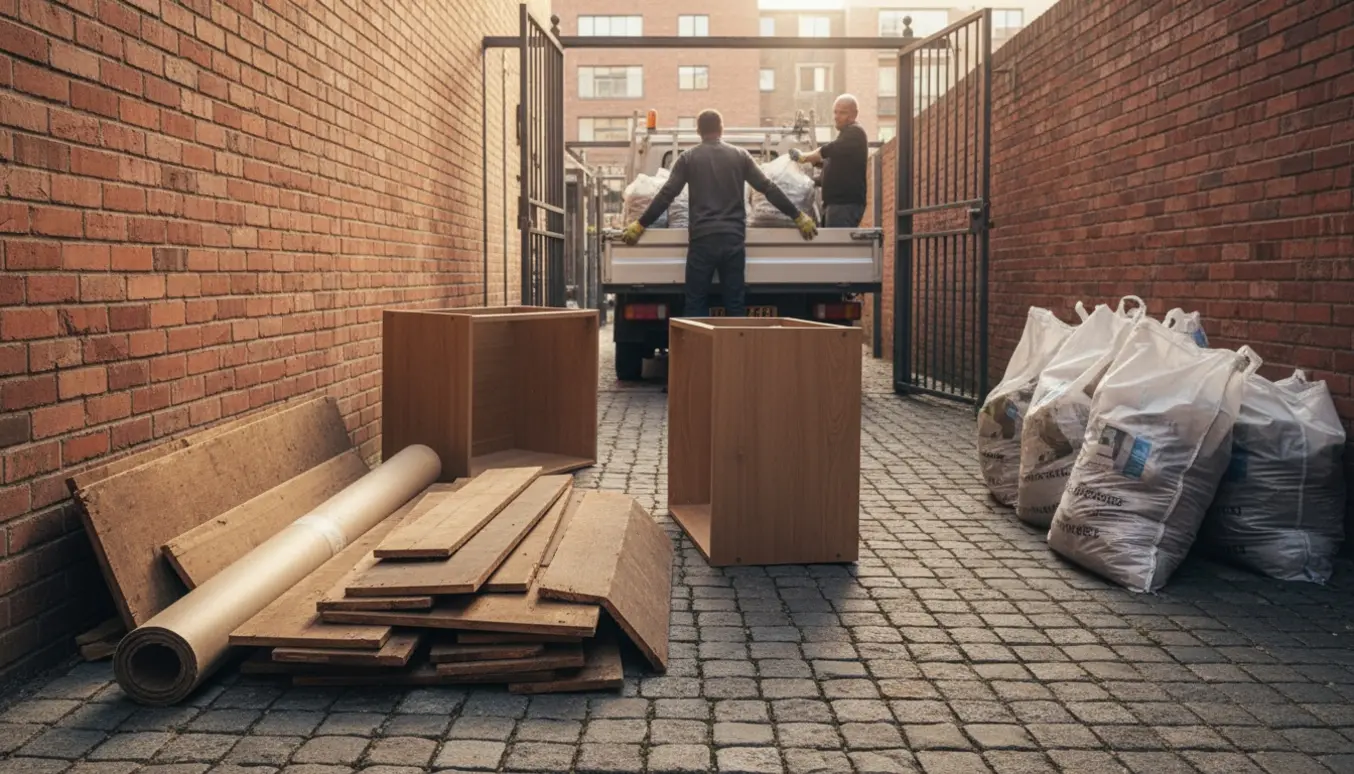 Baggård med gammelt gulv, køkkenskabe og sække med byggeaffald klar til afhentning.