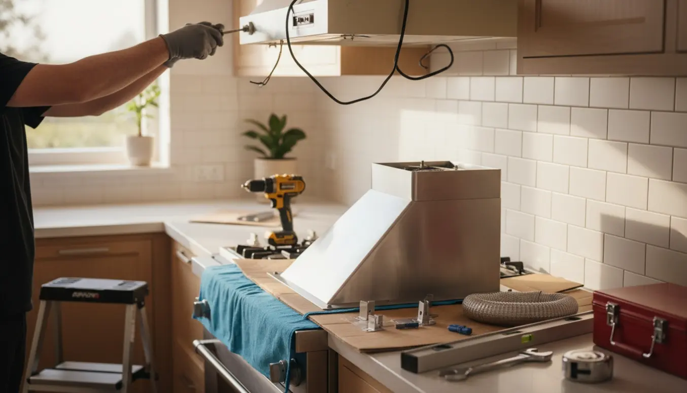 Tekniker afmonterer en gammel emhætte og gør klar til at montere en ny i et lyst køkken.