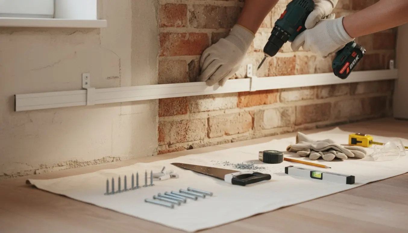 Hænder monterer hvide gardinskinner på en væg af beton og mursten med skruer, plugs og en metalsav ved siden af.