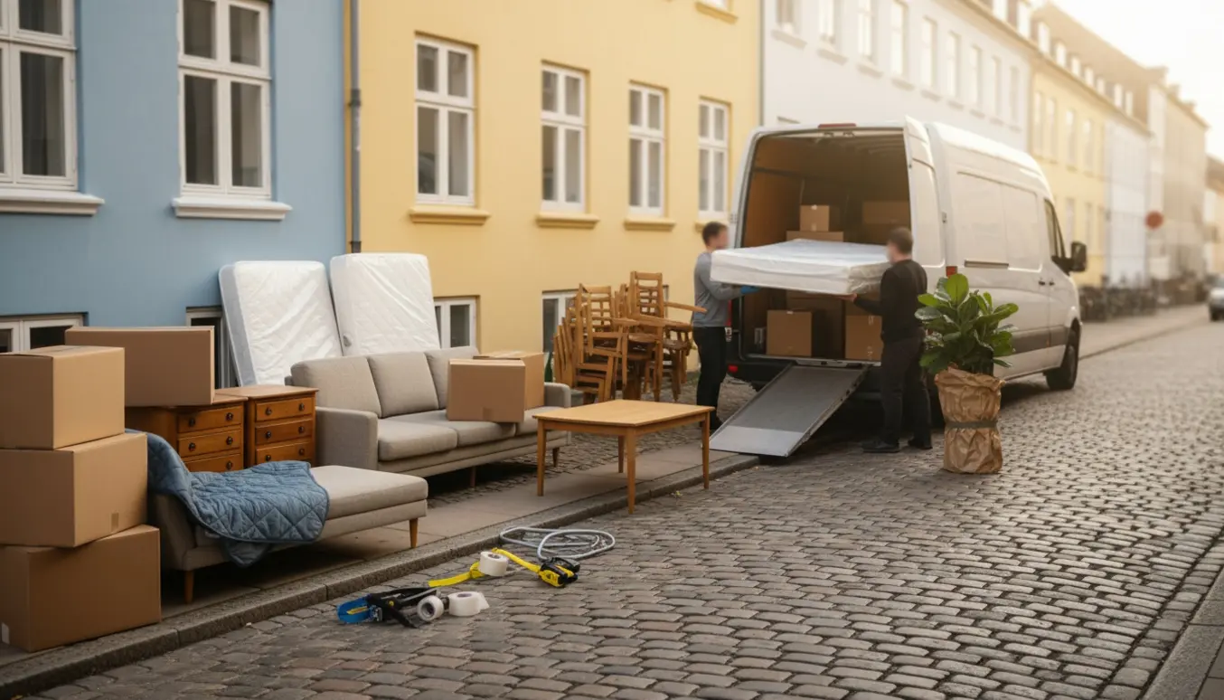 Flyttevogn på en rolig københavnsk gade med møbler, mange flyttekasser og hjælpere, hvor ting læsses uden synlige ansigter.