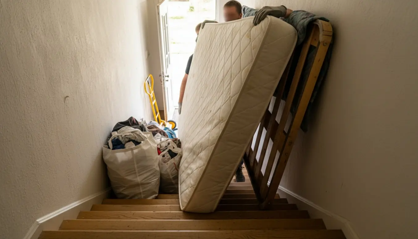 To personer bærer en springmadras og en boxmadras ned ad en trappe med poser med dyner klar til afhentning.