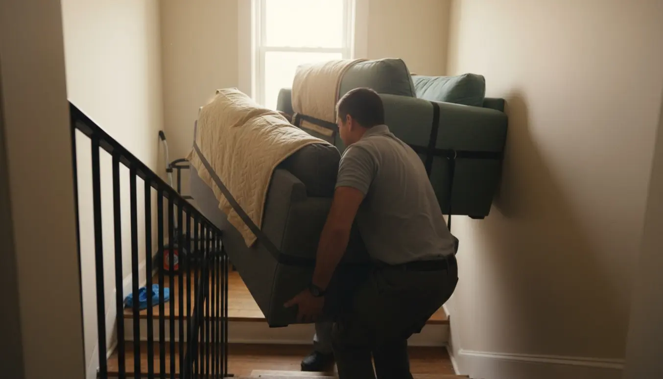 To flyttekasser og to personer bærer to tunge sofaer op ad en trappe til første sal, ansigter ikke synlige.