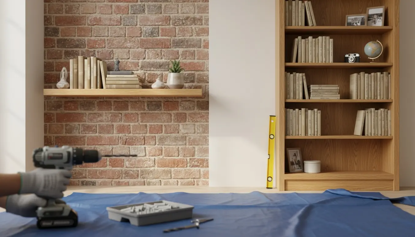 To monterede bogreoler på mur- og gipsvæg med bore-/skruemaskine, murbor, rawlplugs og vaterpas i forgrunden.