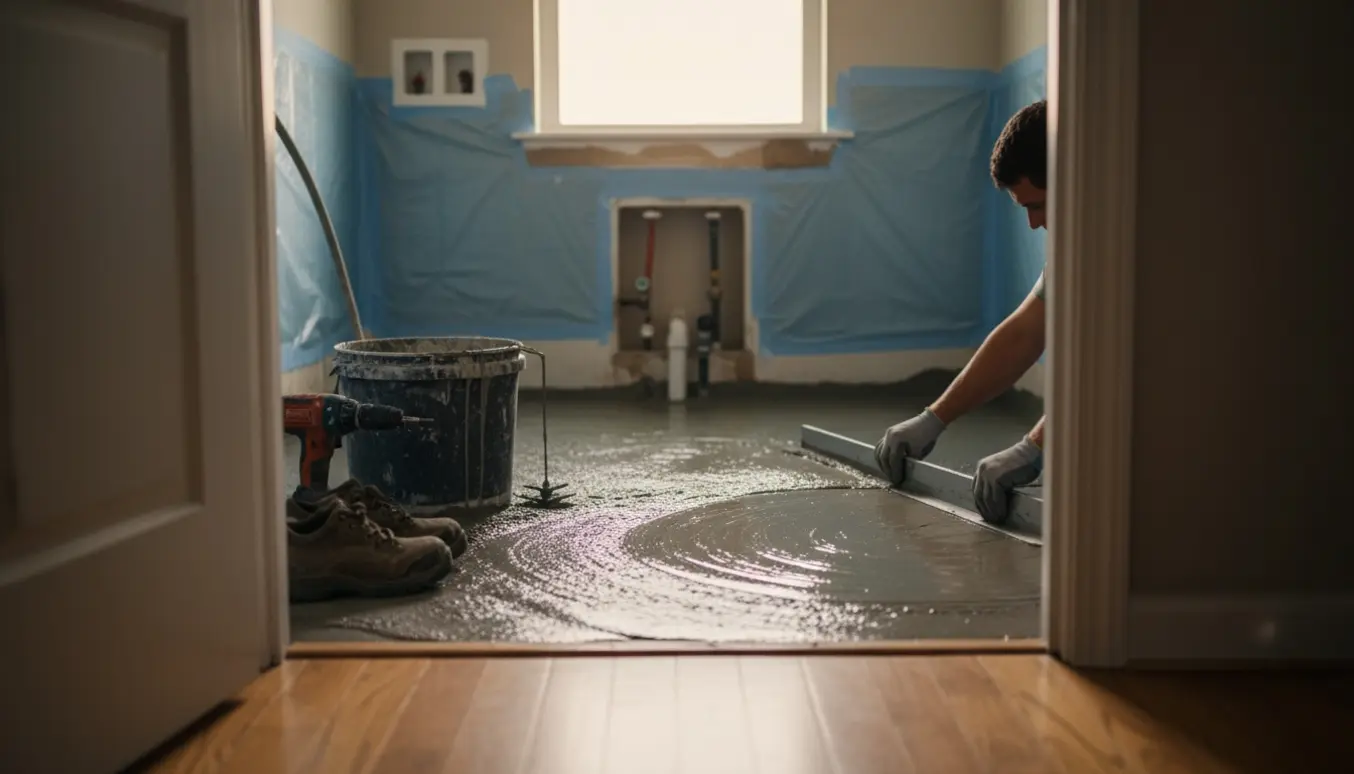 Vådt gulv i et lille vaskerum, hvor hænder glatter flydestrøbet med en aluminiumsafretter og stålspartel.