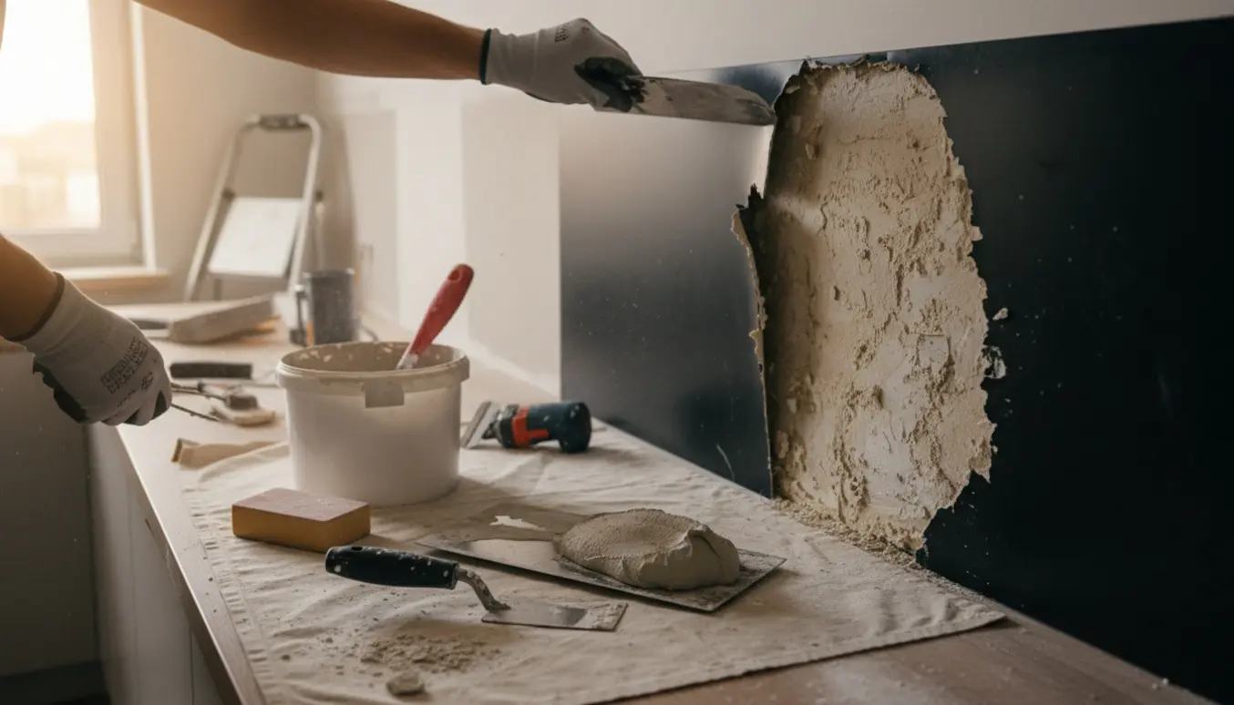 Delvist fjernet sort køkkenbagvæg med handske, spartel og oppudset væg klar til maling.