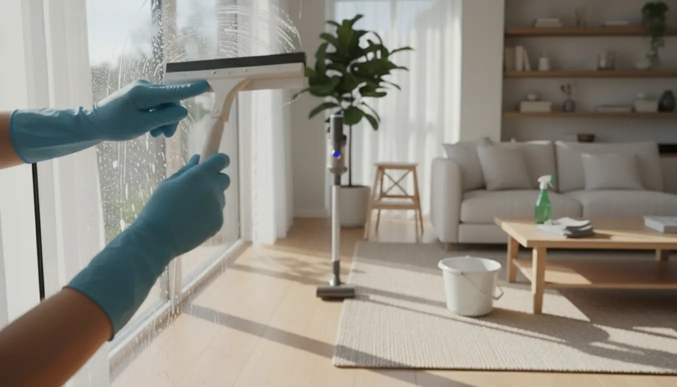 Indvendig rengøring i et lyst, rummeligt hus med handsker, vinduespudser og støvsuger.
