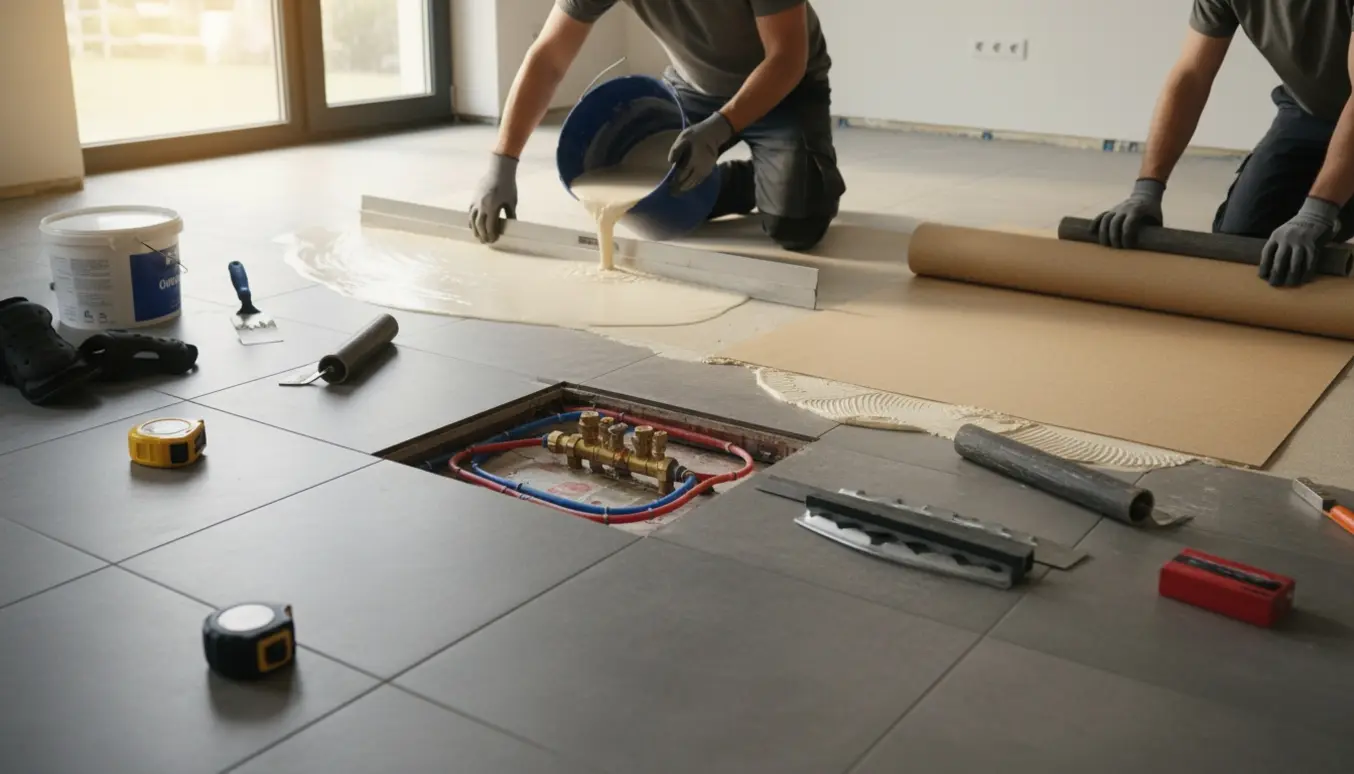 En gulvlægger ruller linoleum ud over et flisegulv med synligt varmerør og flydespartel.