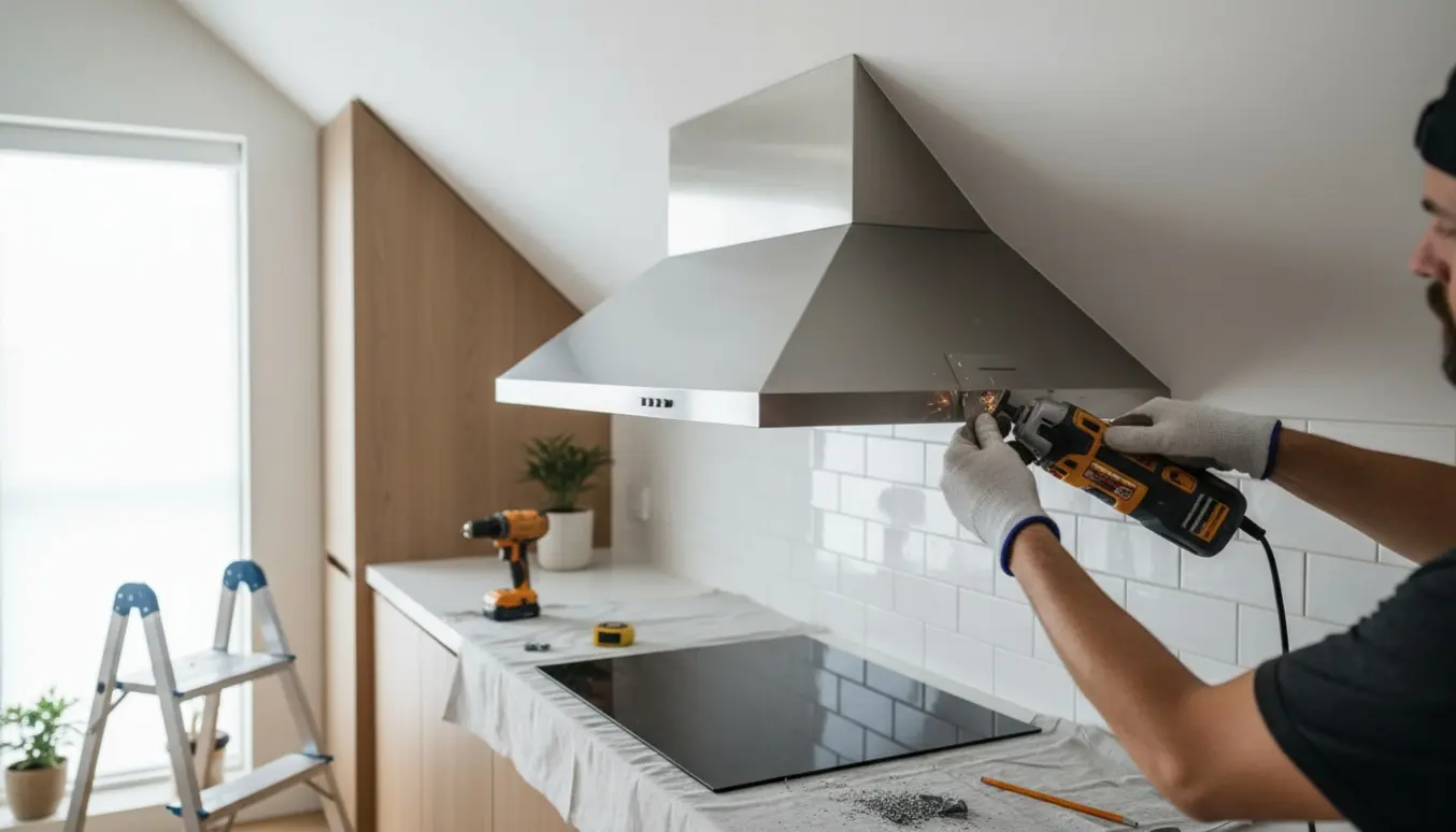 Ny rustfri emhætte tilpasses og monteres under et skråt loft i et moderne køkken.