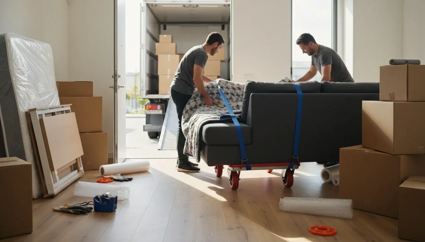 To personer løfter en tung sofa i en åben døråbning omgivet af flyttekasser, møbelovertræk og flytteudstyr.