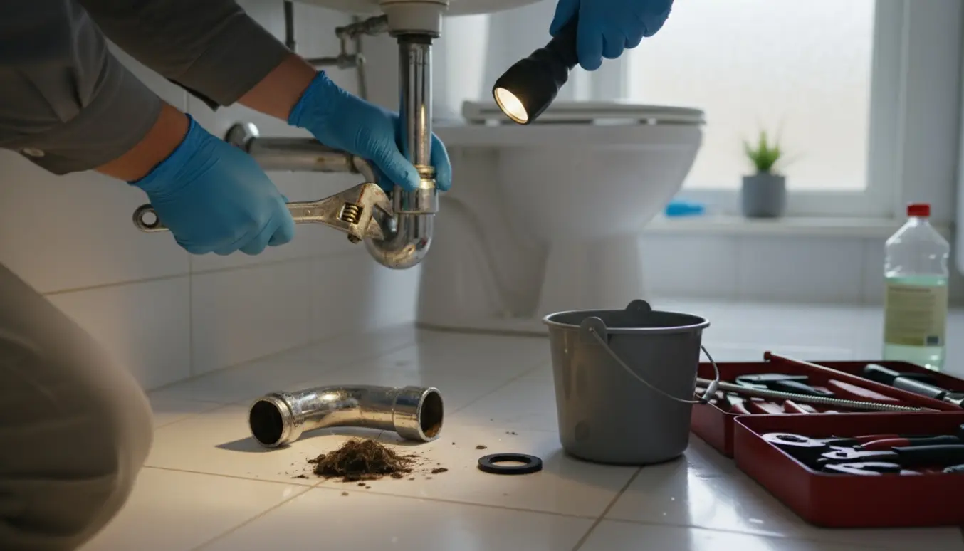 Nærbillede af handskerede hænder, der fjerner en vandlås under håndvasken for at lokalisere kloaklugten.
