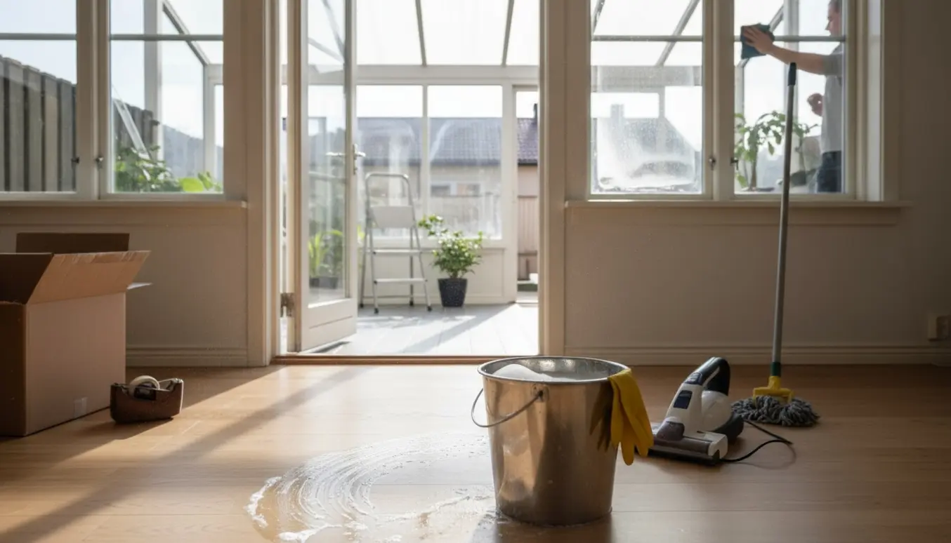 Slutrengøring efter flytning i rækkehus med rengøringsudstyr i forgrunden og udestue i baggrunden.