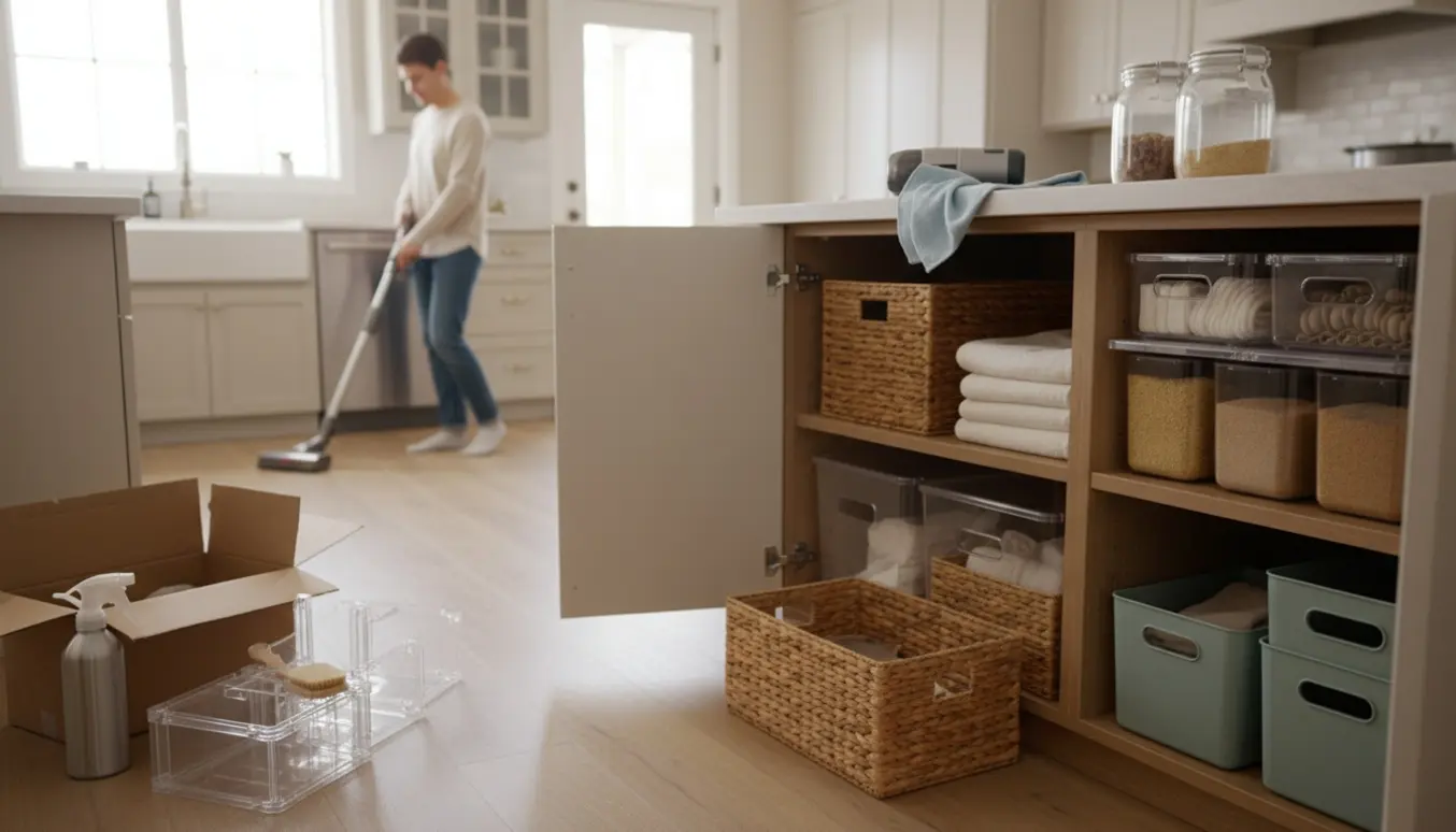 Et lyst køkken-alrum hvor hænder organiserer opbevaringskasser, og rengøringsudstyr står klar.