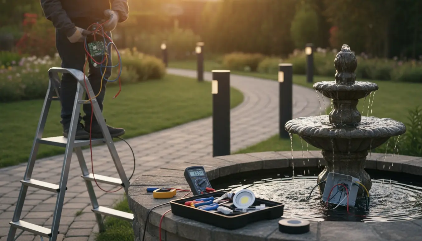Teknikers hænder reparerer en udendørslampe ved haven med åbent relæ ved et lille springvand og reservedele i forgrunden.