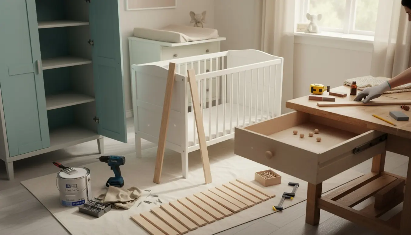 Lyst babyrum hvor tremmeseng, børneskab og puslebordsskuffer er under reparation.