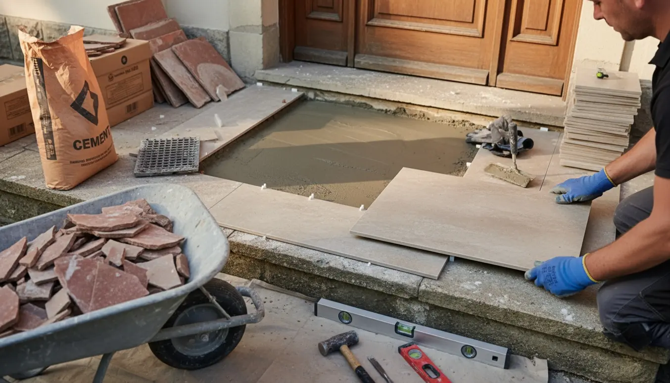 Hovedindgangens trappesats med fjernede fliser og håndværker, der glatter frisk beton og lægger nye 30×60 fliser.