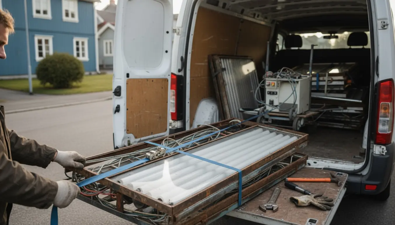 Adskilte solarier som metal- og plastskrot læsses i en stor kassevogn af arbejdshænder iført handsker.