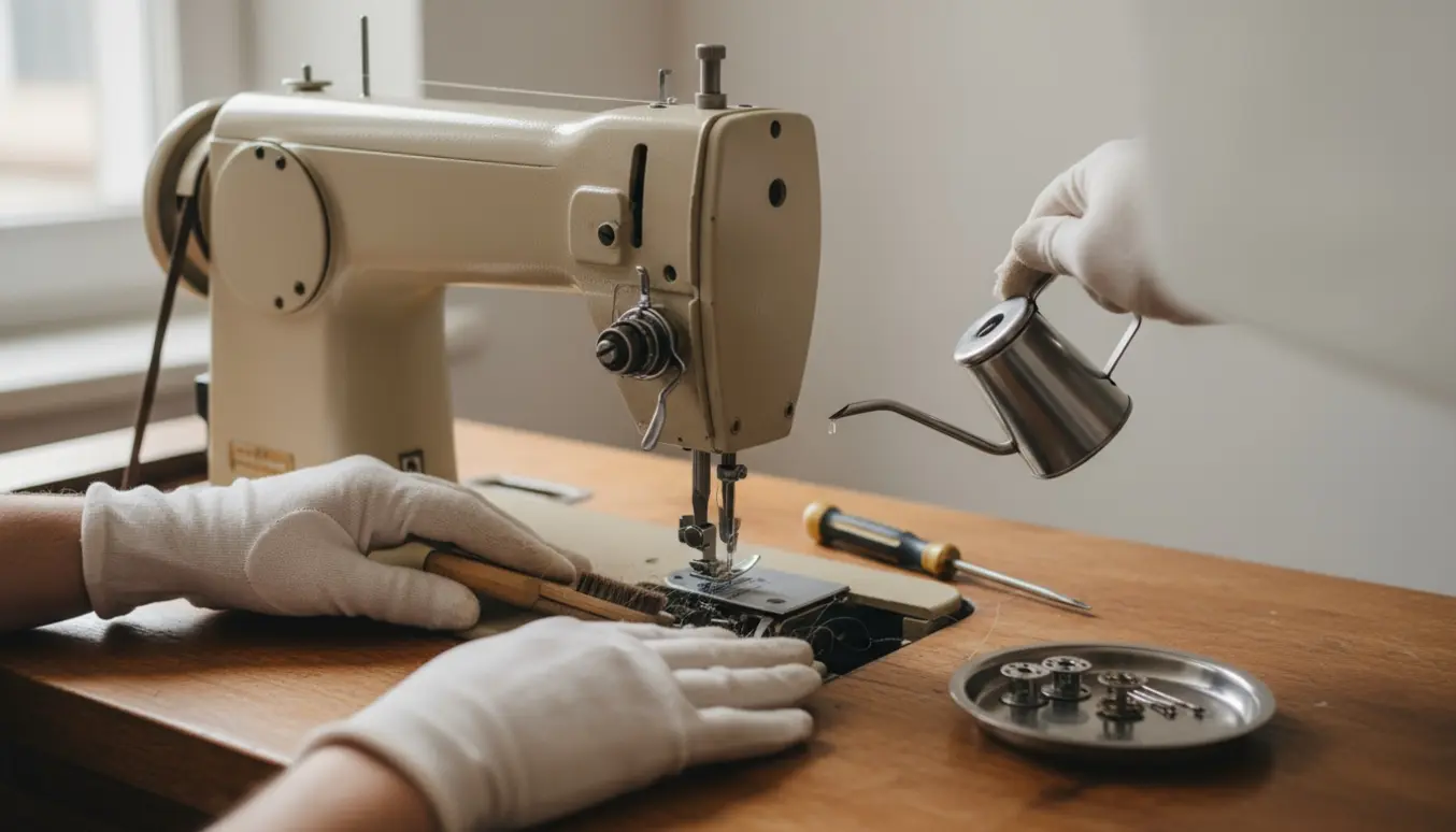Hænder servicerer en vintage symaskine på et træarbejdsbord med olie, skruetrækker og reservedele.