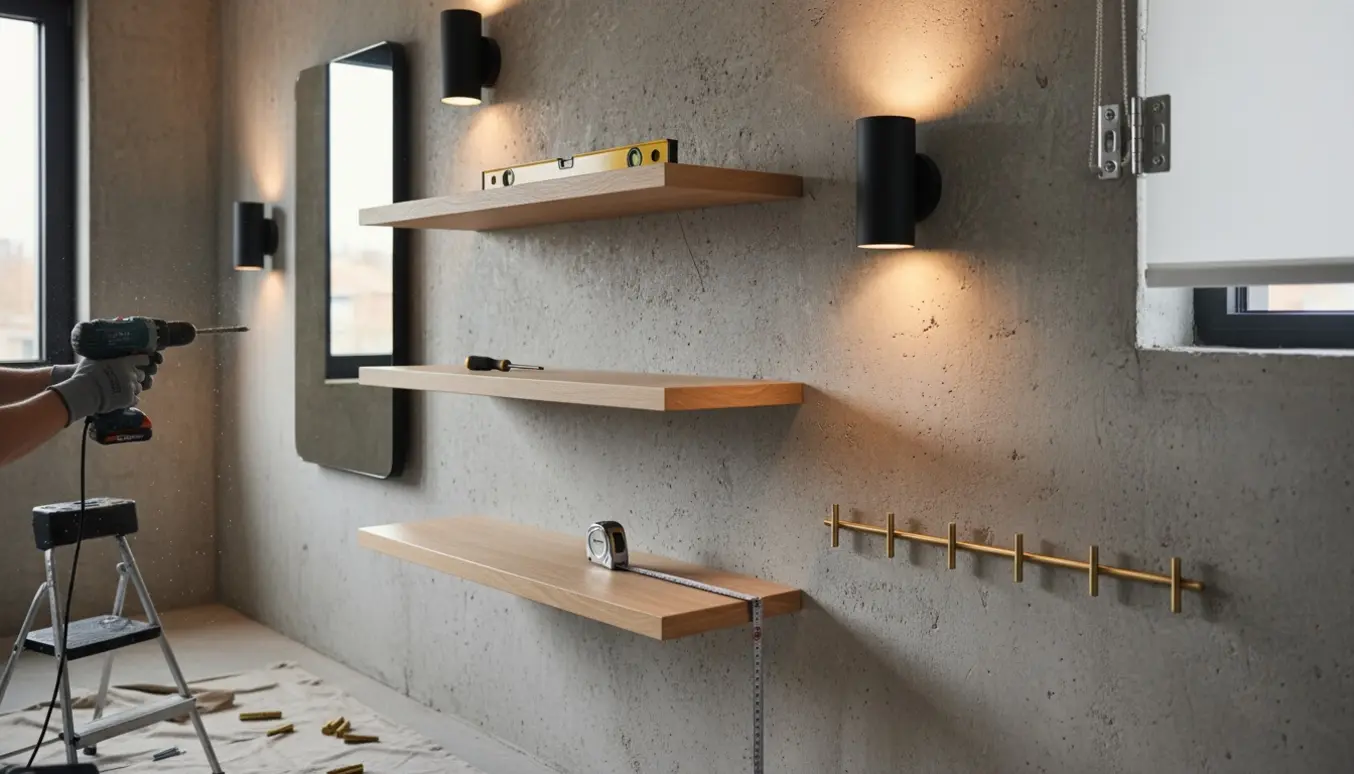 Hænder monterer hylder, spejl, persiennehængsler, lamper og knager på en rå betonvæg.