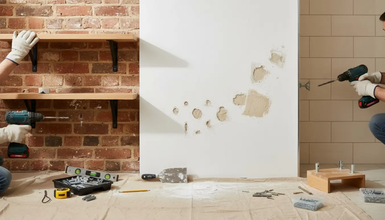 Hænder monterer to træhylder på en murstensvæg, med reparerede huller på en hvid væg og boreudstyr ved et badeværelse.