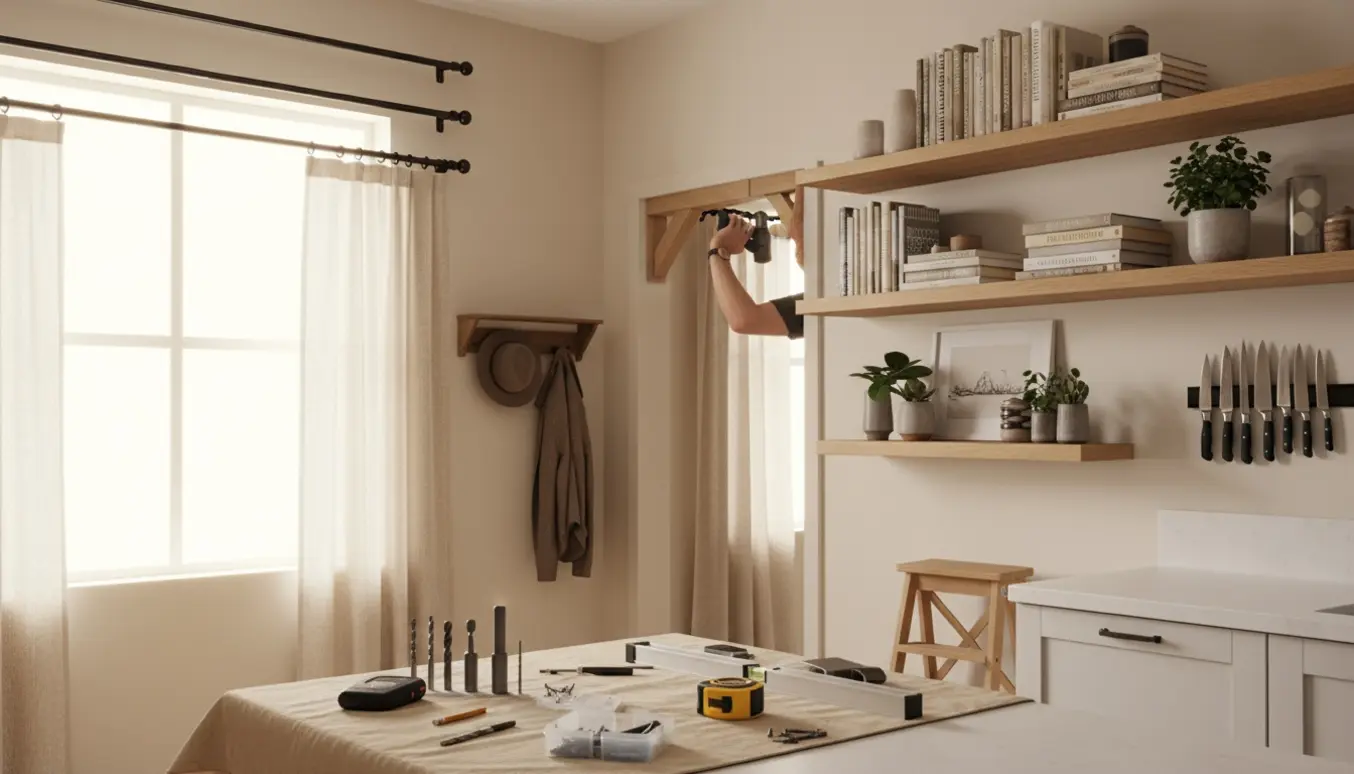 Hænder borer hyldebeslag op med monterede gardinstænger, hylder, en hattehylde og en magnetskinne til knive i et lyst hjem.