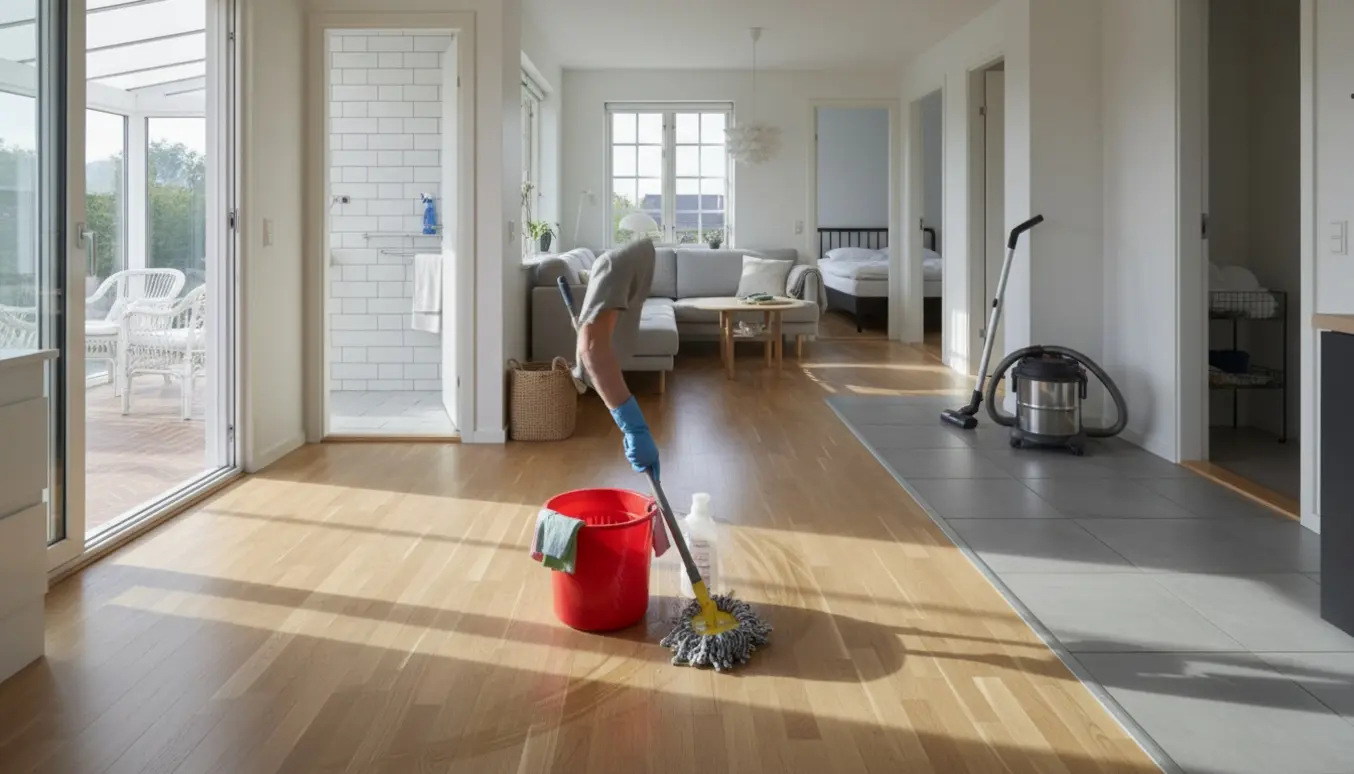 Hænder vasker gulv i lys stue med moppespand og støvsuger i baggrunden.