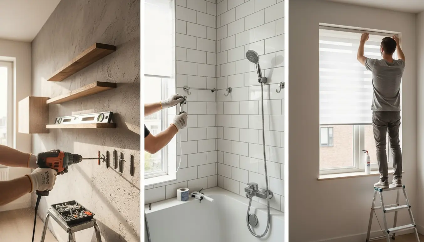 Hænder monterer billederhylder, skab, persienne, håndklædestang og knager i stue, soveværelse og badeværelse.