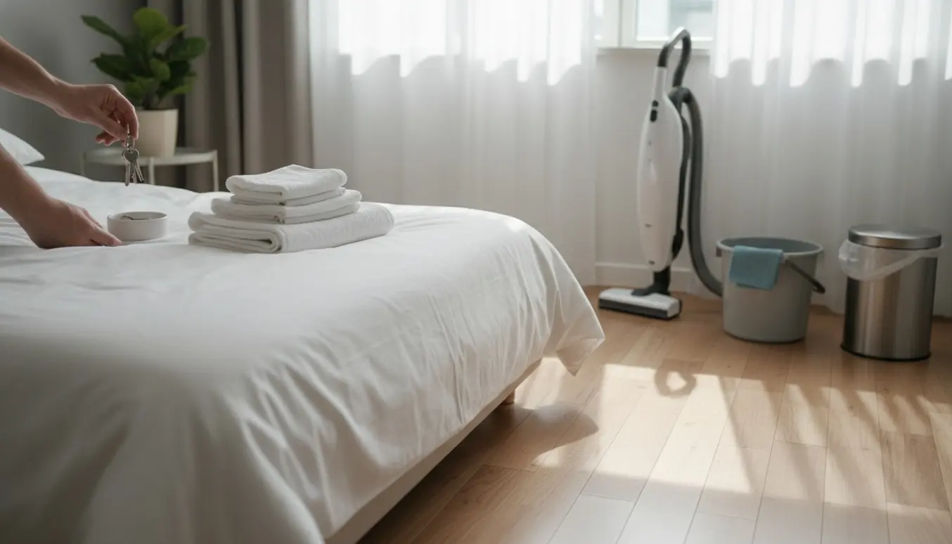 Frisk redt seng med foldede håndklæder, støvsuger og nøgler klar til nye gæster.