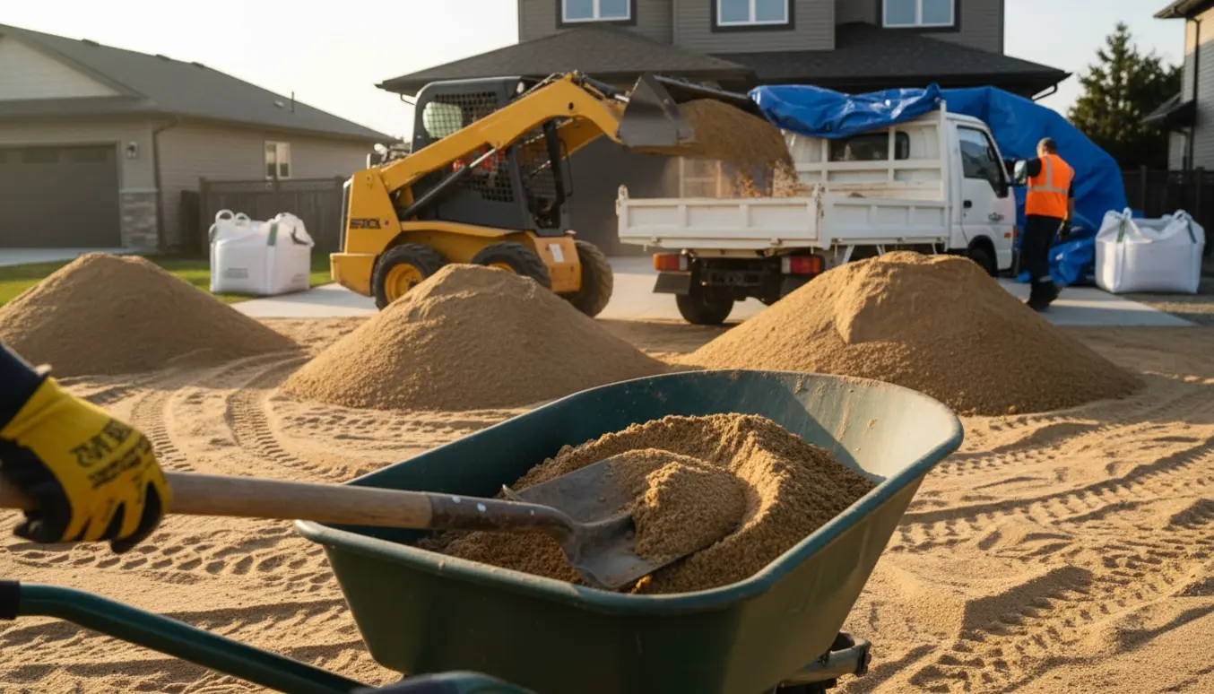 Tre store sandbunker foran et hus, hvor en minilæsser fylder sandet i en lastbil til bortkørsel.