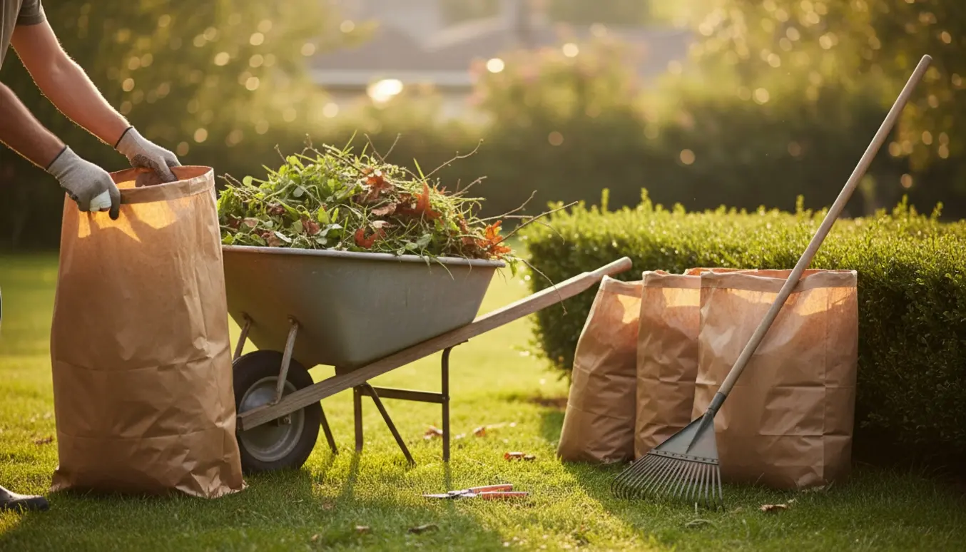 Hånd med bandageret tommelfinger lægger haveaffald i en trillebør klar til afhentning.