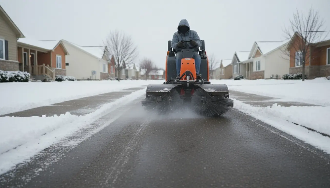 Fejemaskine rydder sne fra fortovene på begge sider af en gade med otte huse, og en indgang er ryddet.