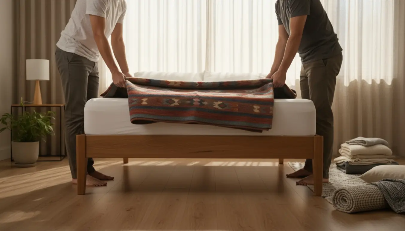 To personer løfter en seng, mens en tredje skubber et tæppe ind under madrassen i et lyst soveværelse.