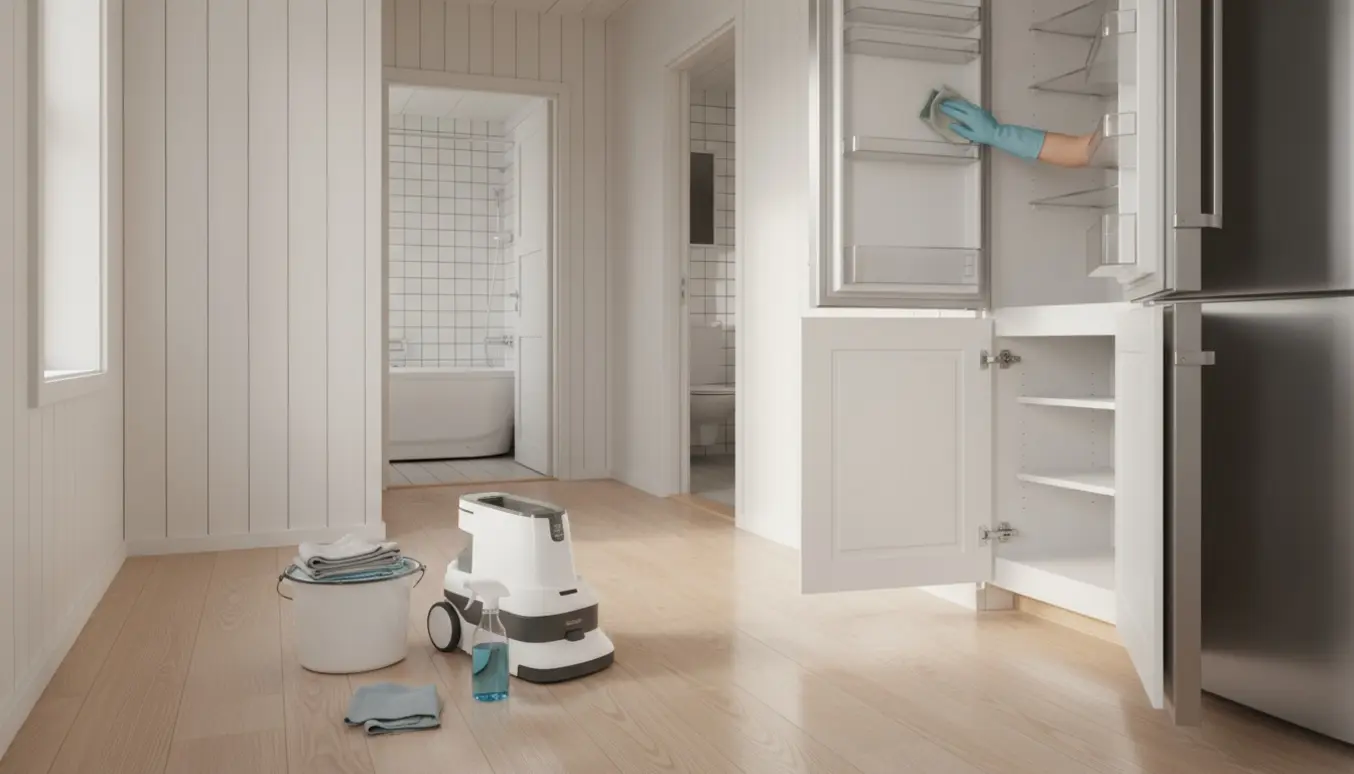 Elektrisk gulvvasker og rengøringsudstyr i en lys boliggang med åbne køkkenskabe og rene paneler.