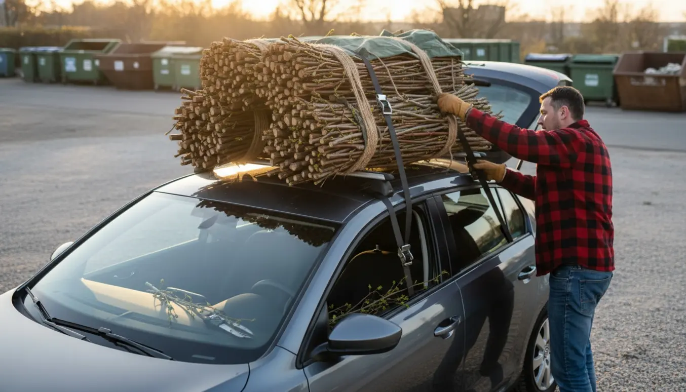 Bil på indkørsel med bundter af beskårne kugleakaciegrene sikret på tagbøjler, klar til at køres på genbrugspladsen.