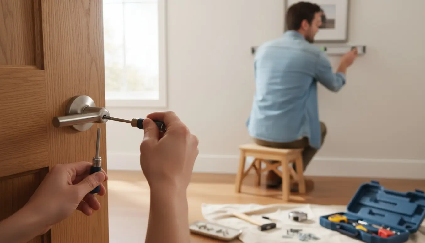 Hænder monterer et dørhåndtag, mens en ramme bliver justeret på væggen i et lyst rum.