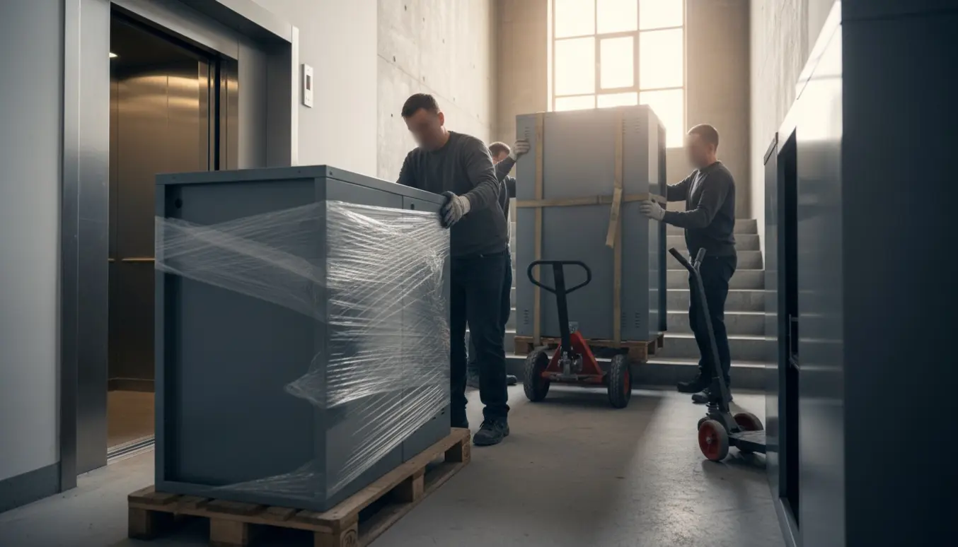 To flyttemænd sikrer og bærer to tunge stålskabe i en trappeopgang, ét skab står delvist afdækket på en palle.