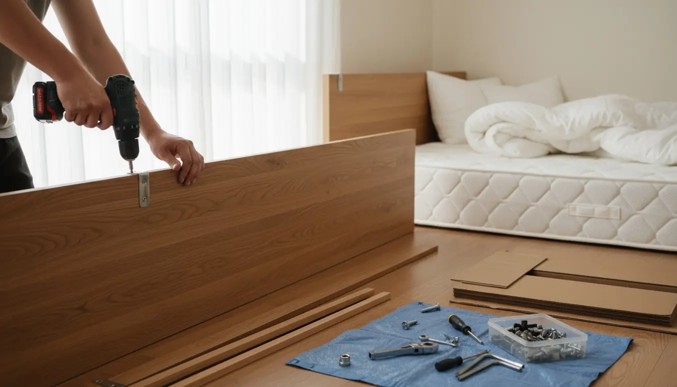 Hænder samler en seng med træpaneler, skruer og værktøj i et lyst soveværelse.
