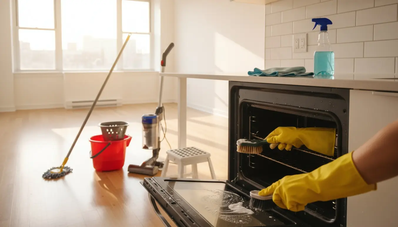 Tom, solbeskinnet lejlighed med rengøringsudstyr og hænder i gule handsker, der rengør en åben ovn.