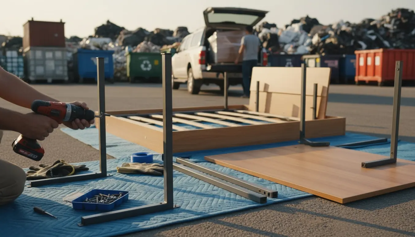 Delvist skilt seng og skrivebord ved en bil, med værktøj og løse dele klar til at blive kørt på affaldspladsen.