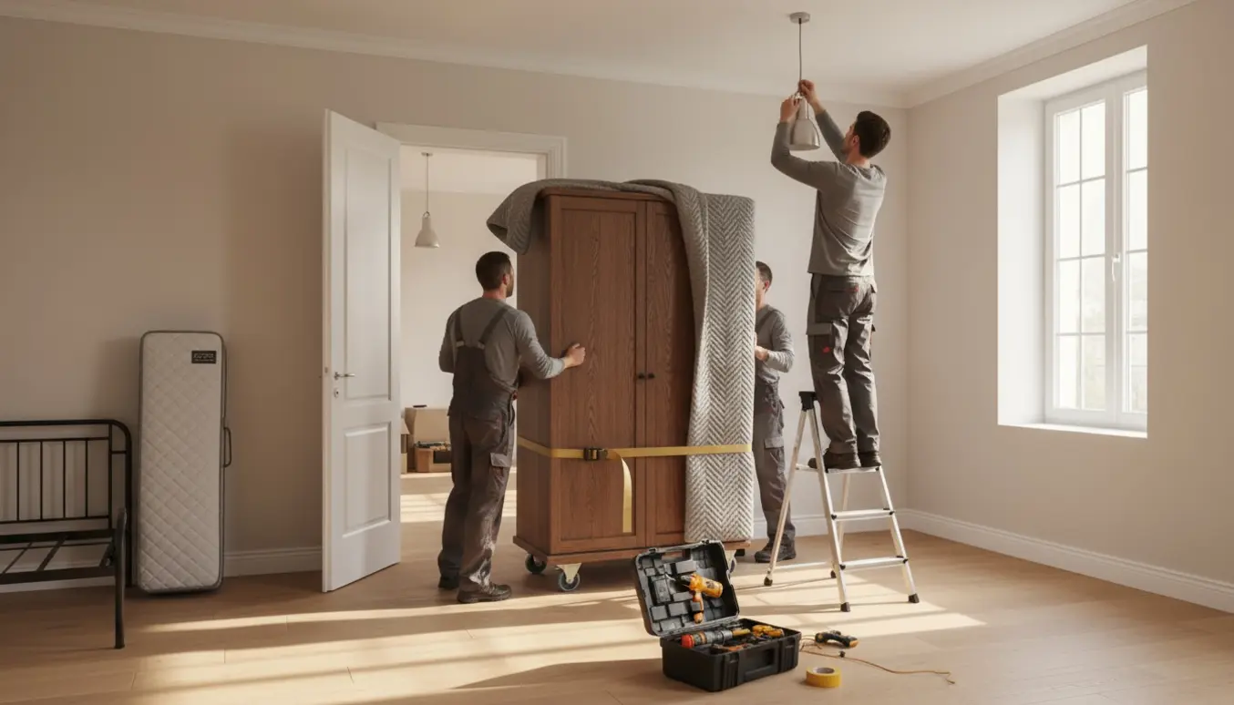 Håndværkere flytter et stort klædeskab og monterer en loftlampe i et lyst soveværelse.