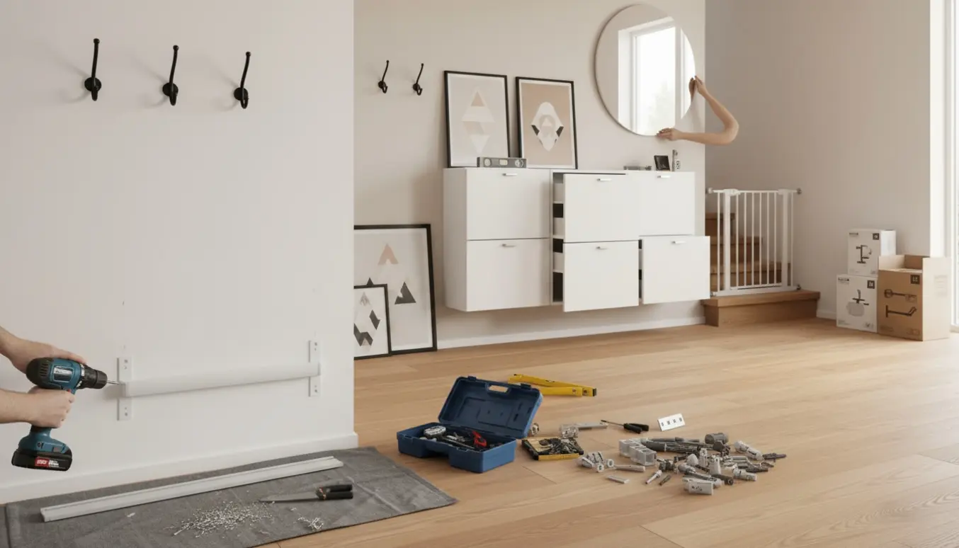 Hænder monterer gardinskinne og kroge i et nyt hus med værktøj og materialer på gulvet.